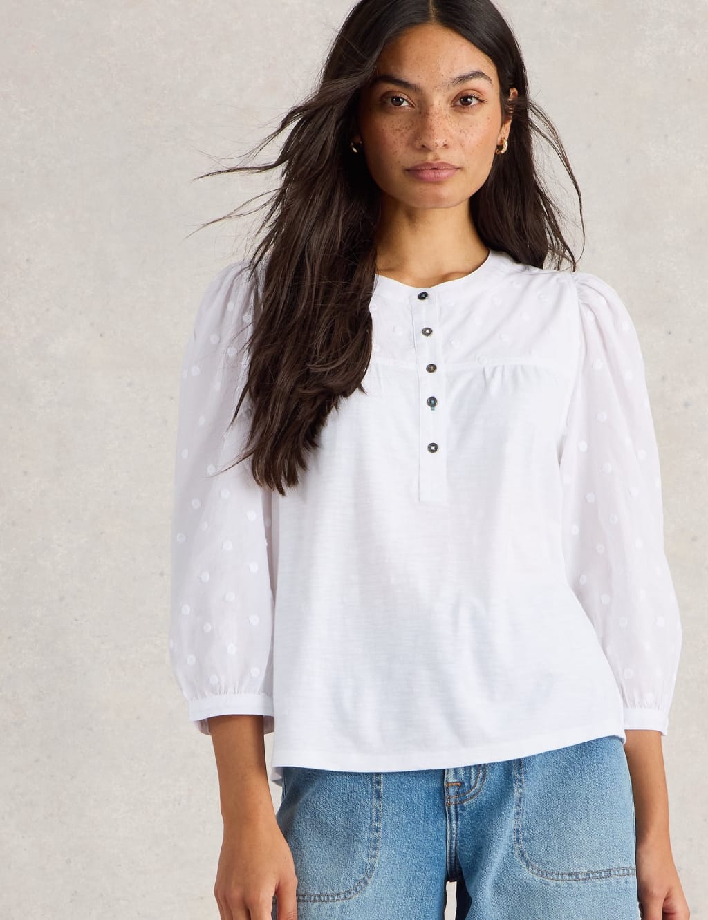 Cotton Modal Polka Dot Button Detail Blouse 1 of 6