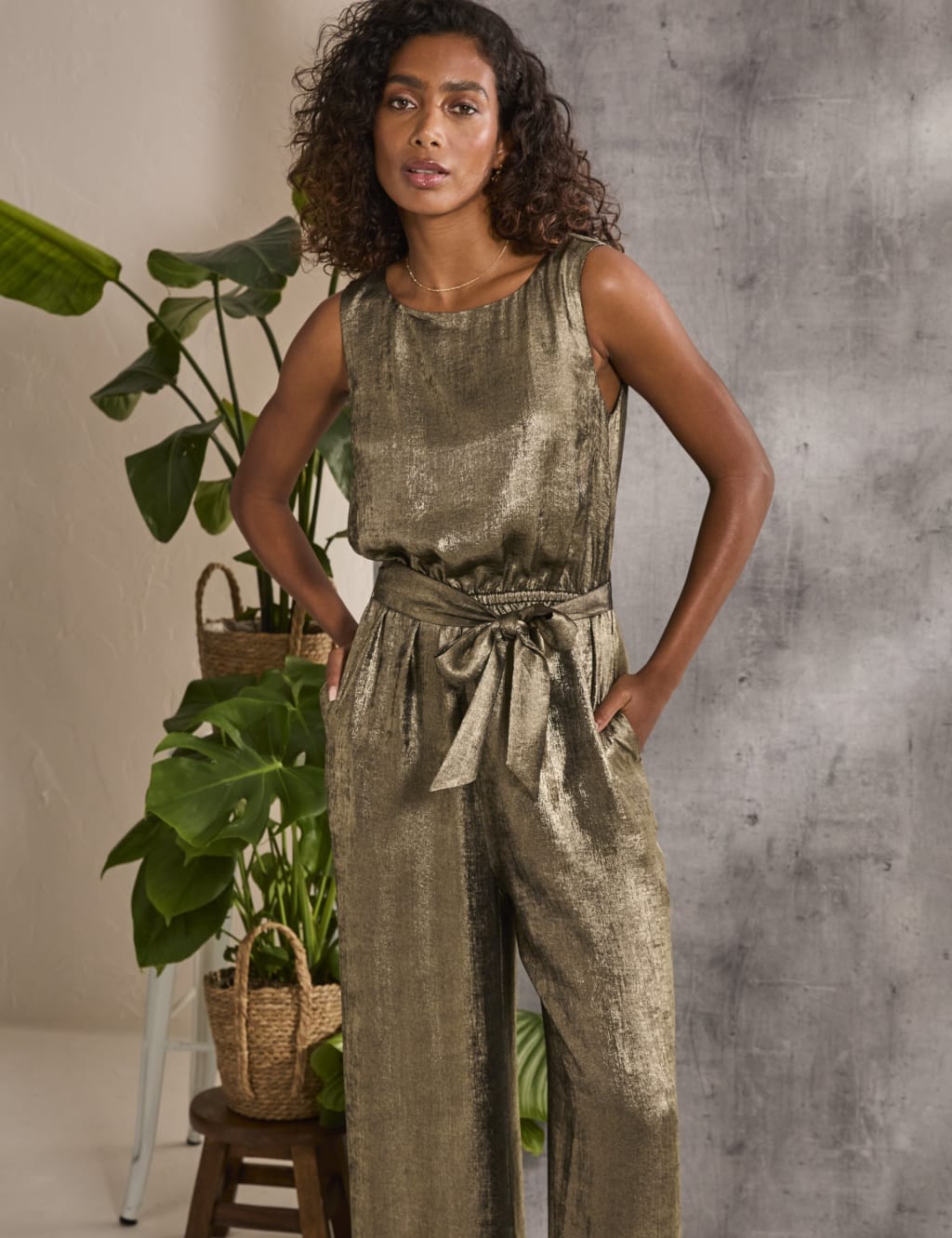 Metallic Tie Detail Wide Leg Jumpsuit
