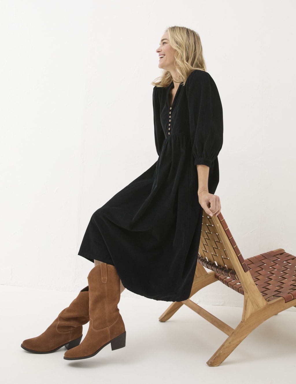 Pure Cotton Cord V Neck Waisted Midi Dress