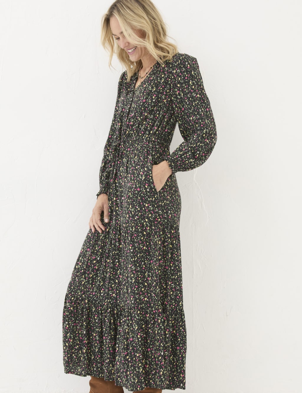 Printed V Neck Maxi Tiered Dress