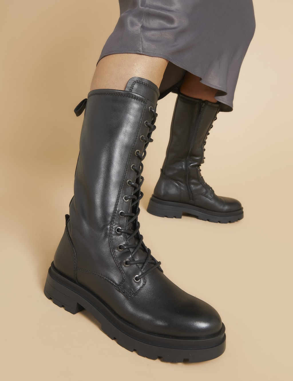 Leather Biker Lace Up Block Heel Boots
