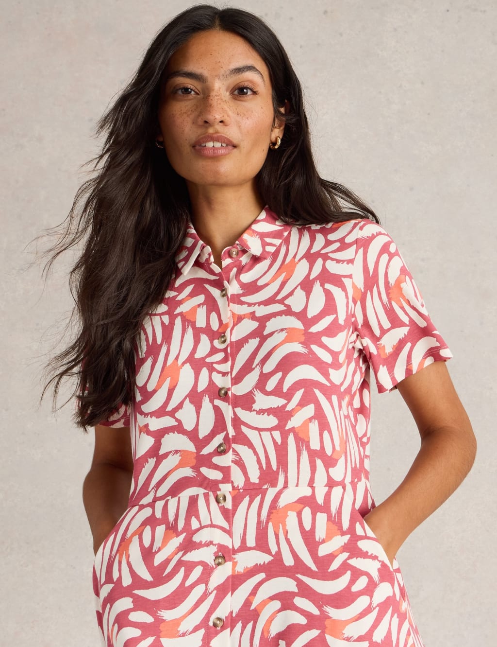 Cotton Modal Printed V Neck Midi Shirt Dress 4 of 6