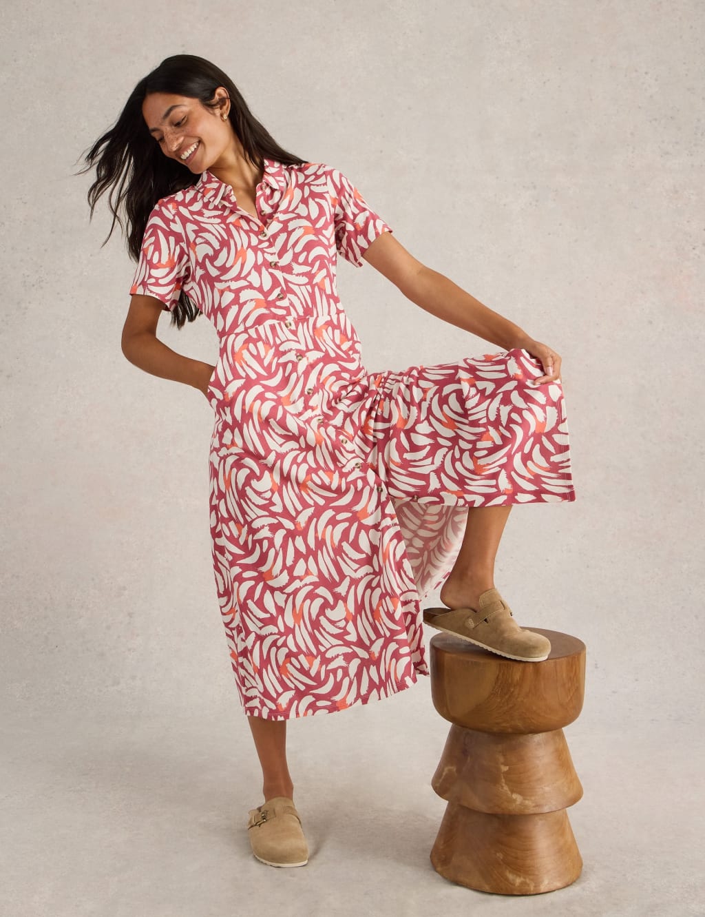 Cotton Modal Printed V Neck Midi Shirt Dress 5 of 6