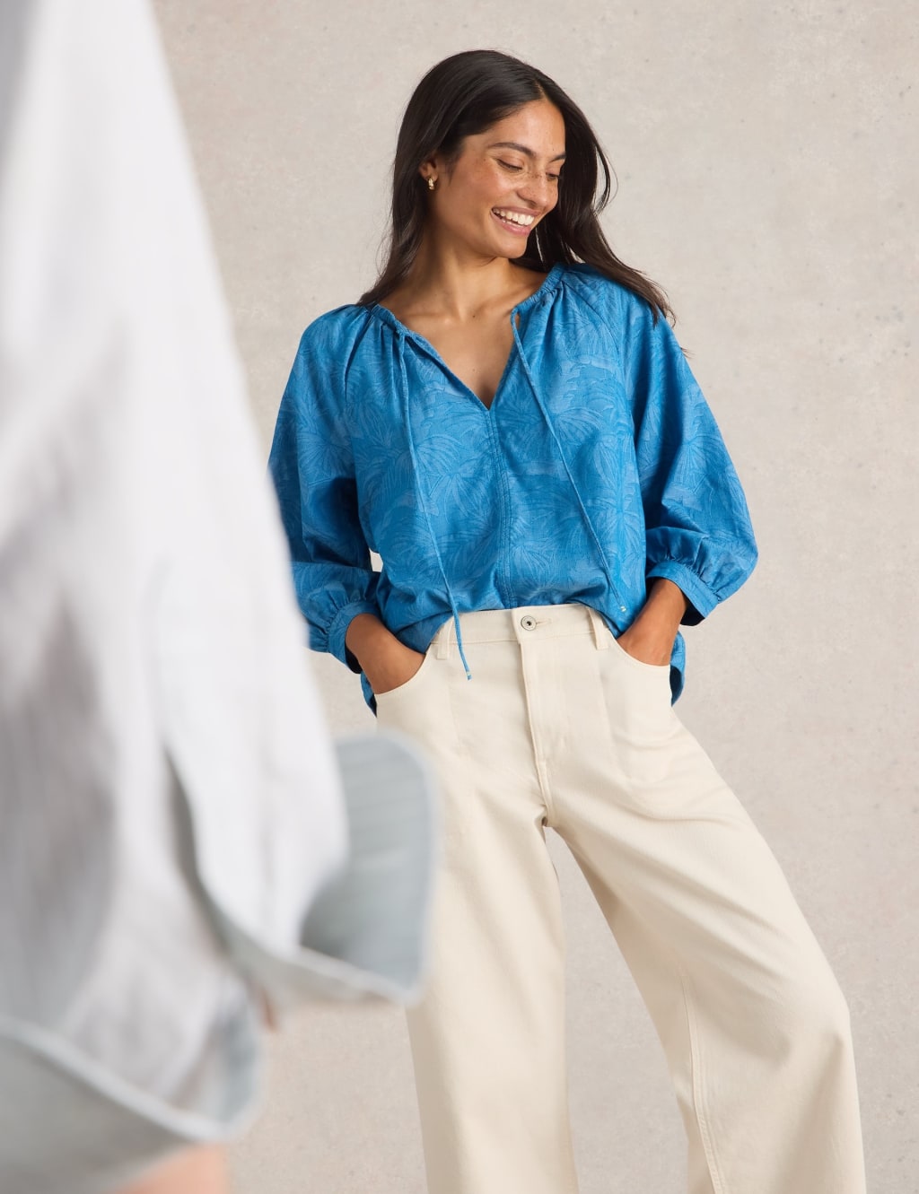 Cotton Rich Jacquard Tie Neck Blouse 3 of 6