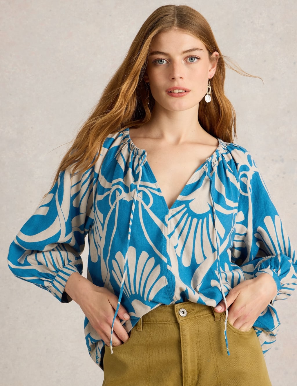 Linen Rich Printed Tie Neck Blouse 3 of 6