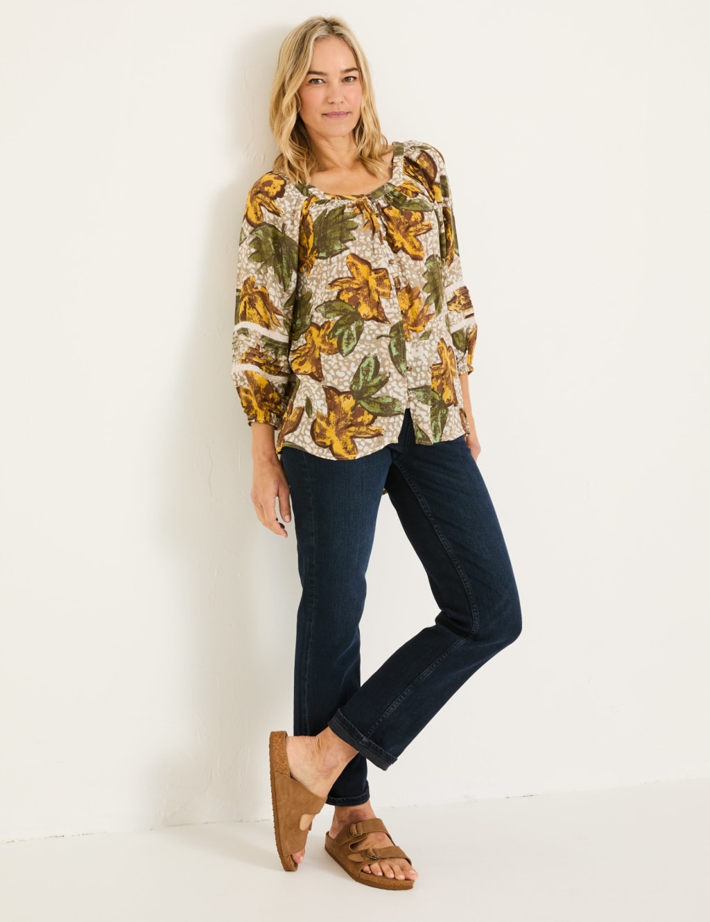 Floral Square Neck Lace Insert Blouson Sleeve Blouse 3 of 6