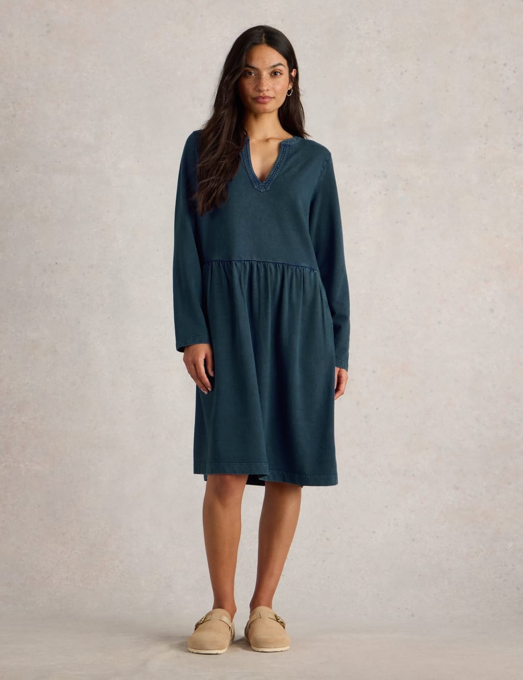 Denim Notch Neck Knee Length Tea Dress 1 of 6