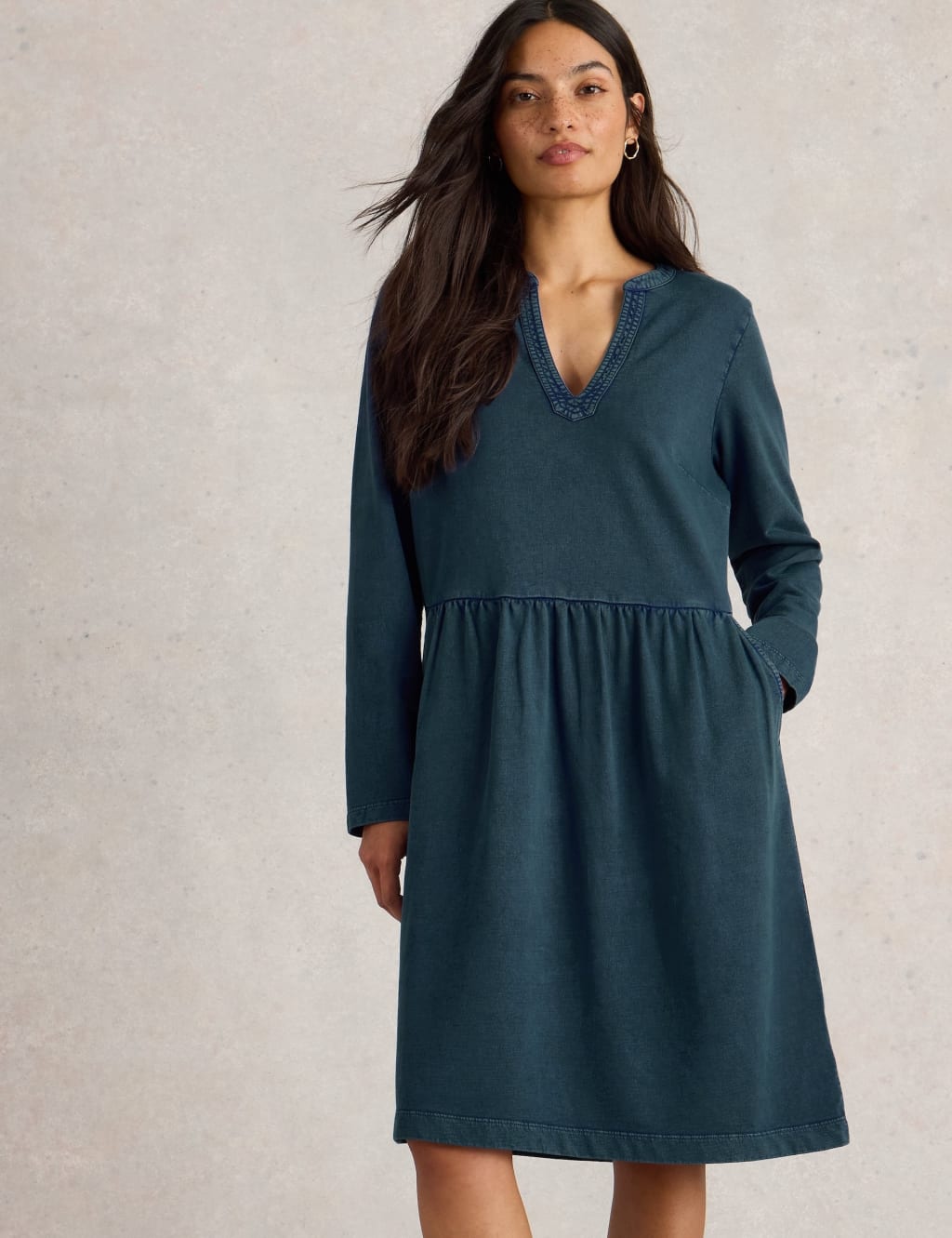 Denim Notch Neck Knee Length Tea Dress 3 of 6