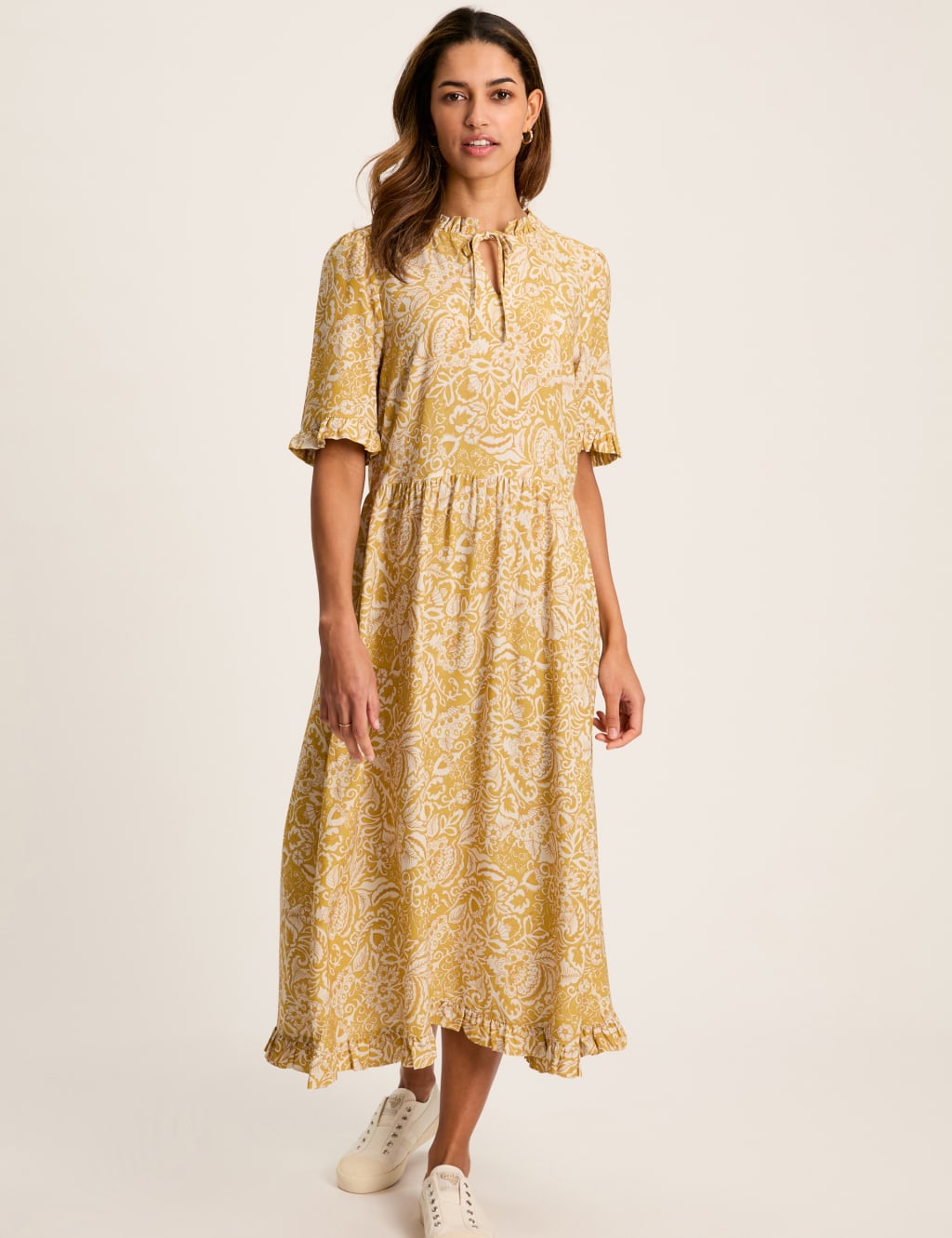 Floral Tie Neck Ruffle Detail Midi Smock Dress Joules M S