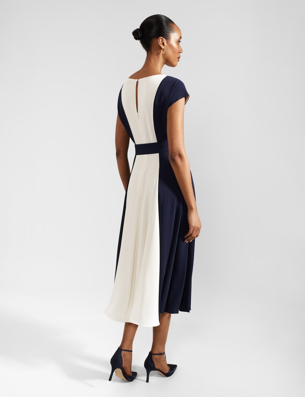 Colour Block Slash Neck Midi Waisted Dress