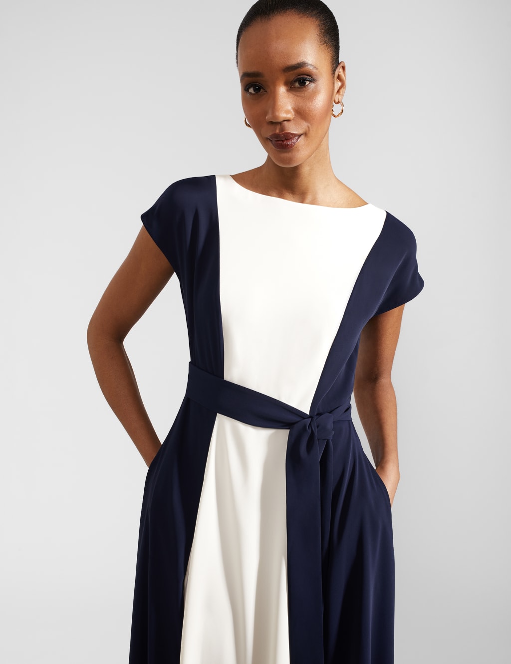 Colour Block Slash Neck Midi Waisted Dress