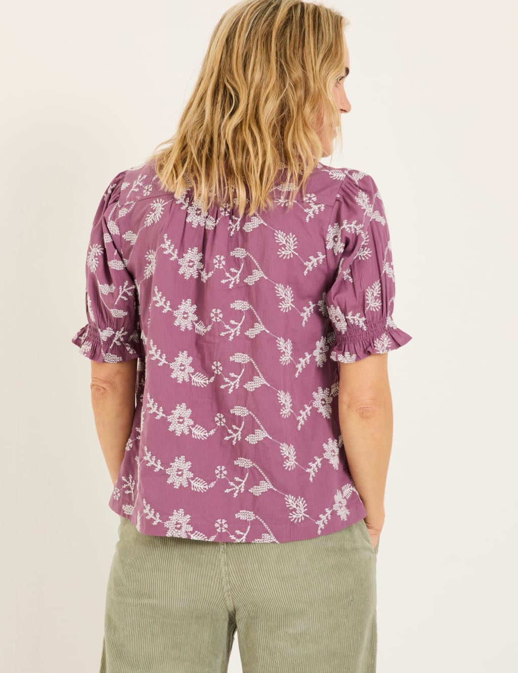 Pure Cotton Embroidered Floral Collared Puff Sleeve Shirt 4 of 5