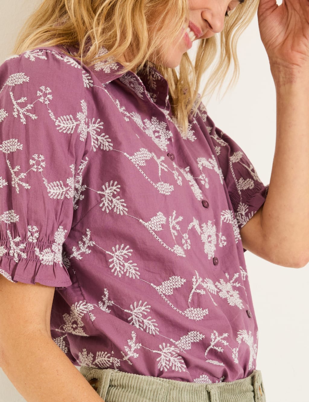 Pure Cotton Embroidered Floral Collared Puff Sleeve Shirt