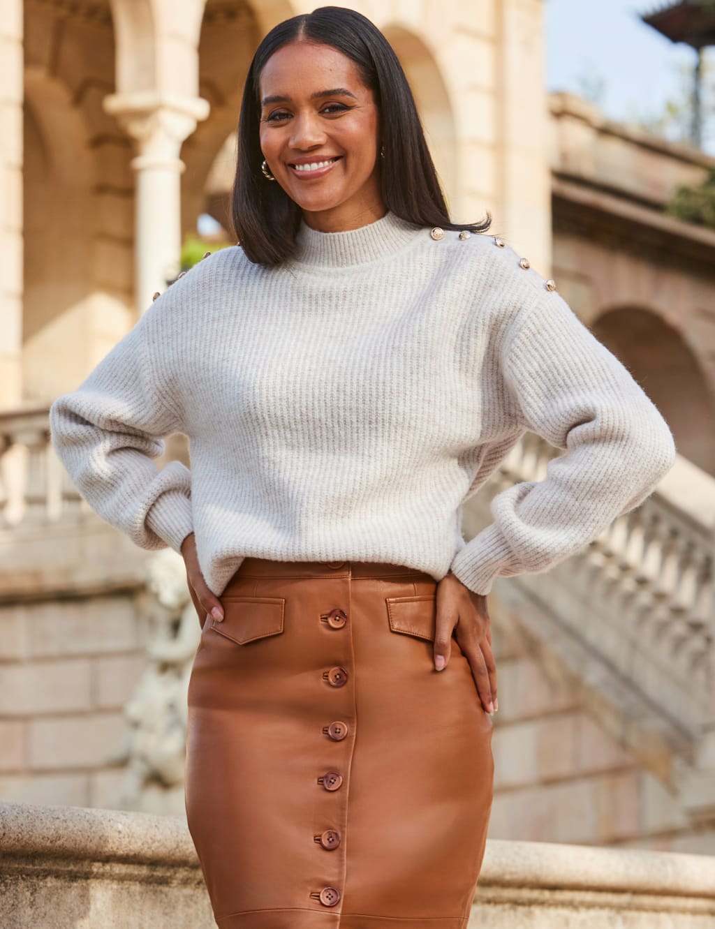 Ribbed Funnel Neck Button Detail Jumper 1 of 4