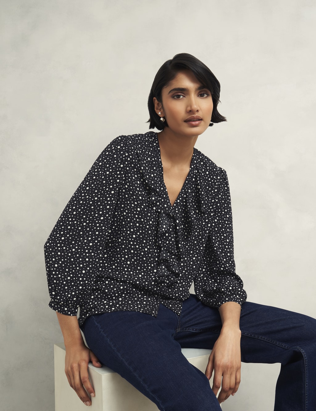 Polka Dot V Neck Ruffle Blouse HOBBS M S