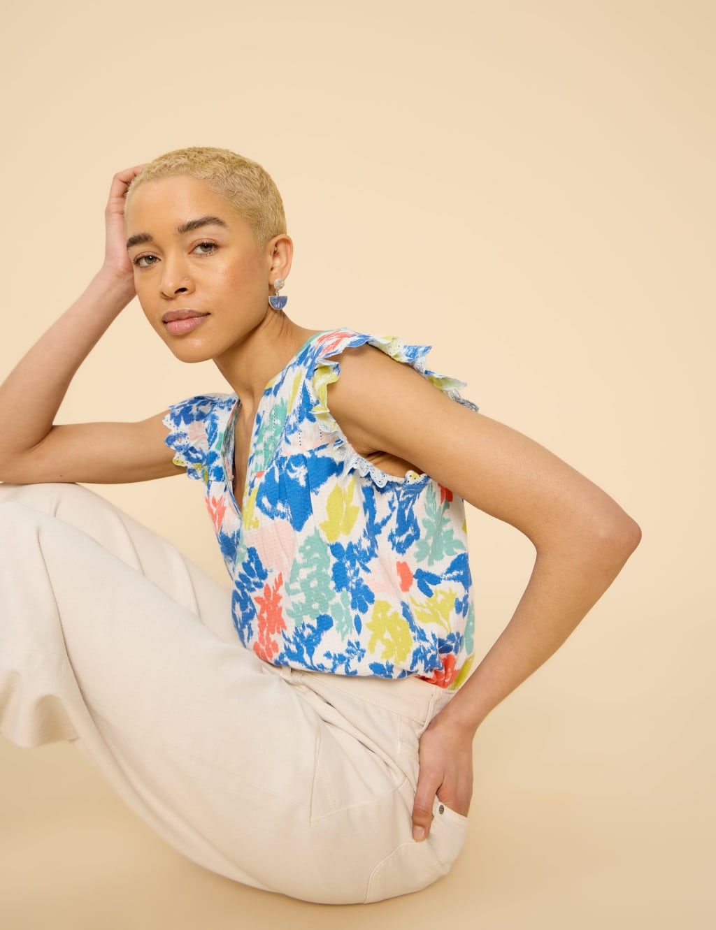 Pure Cotton V-Neck Frill Detail Top 5 of 6