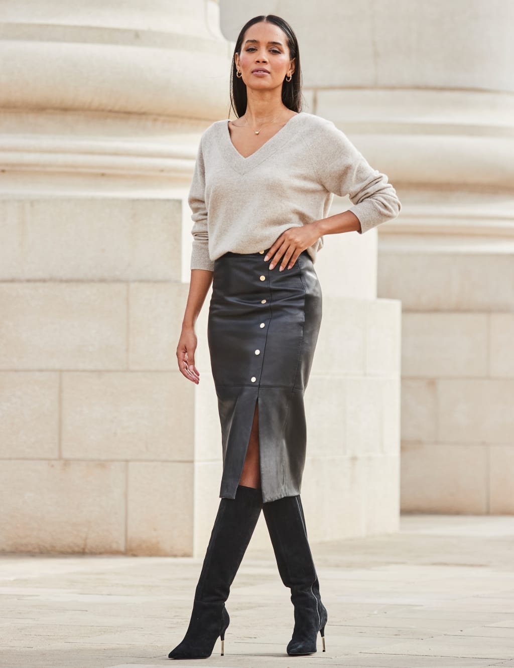 Leather Button Front Midi Pencil Skirt