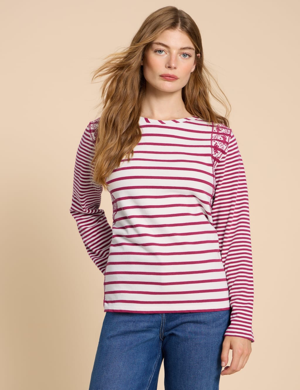 Pure Cotton Striped Embroidered T-Shirt 1 of 6
