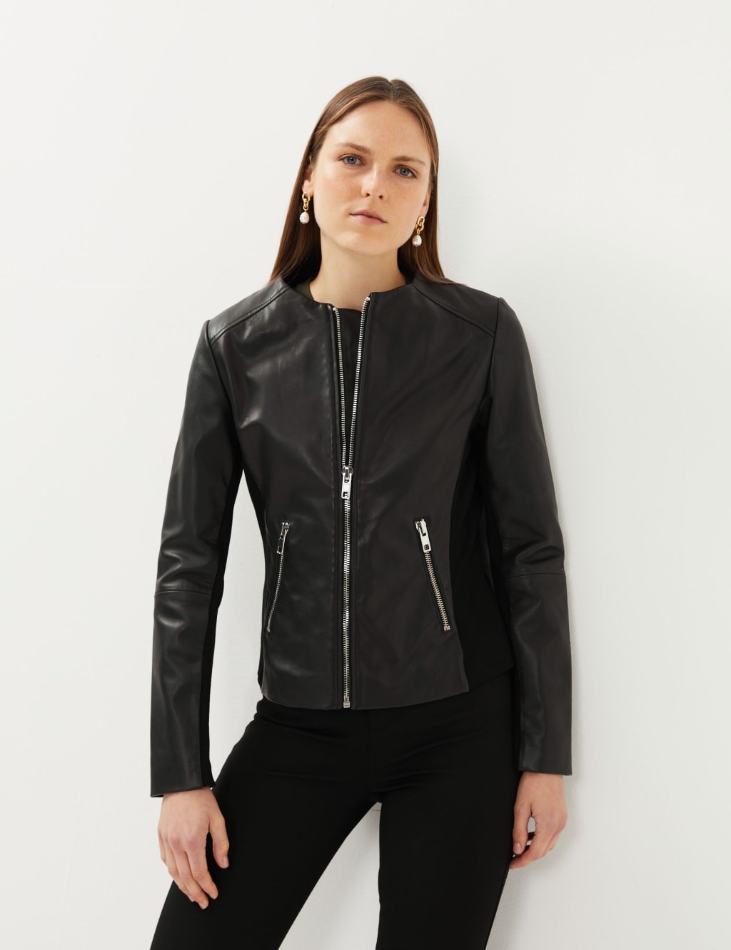 Leather Collarless Jacket JAEGER M S