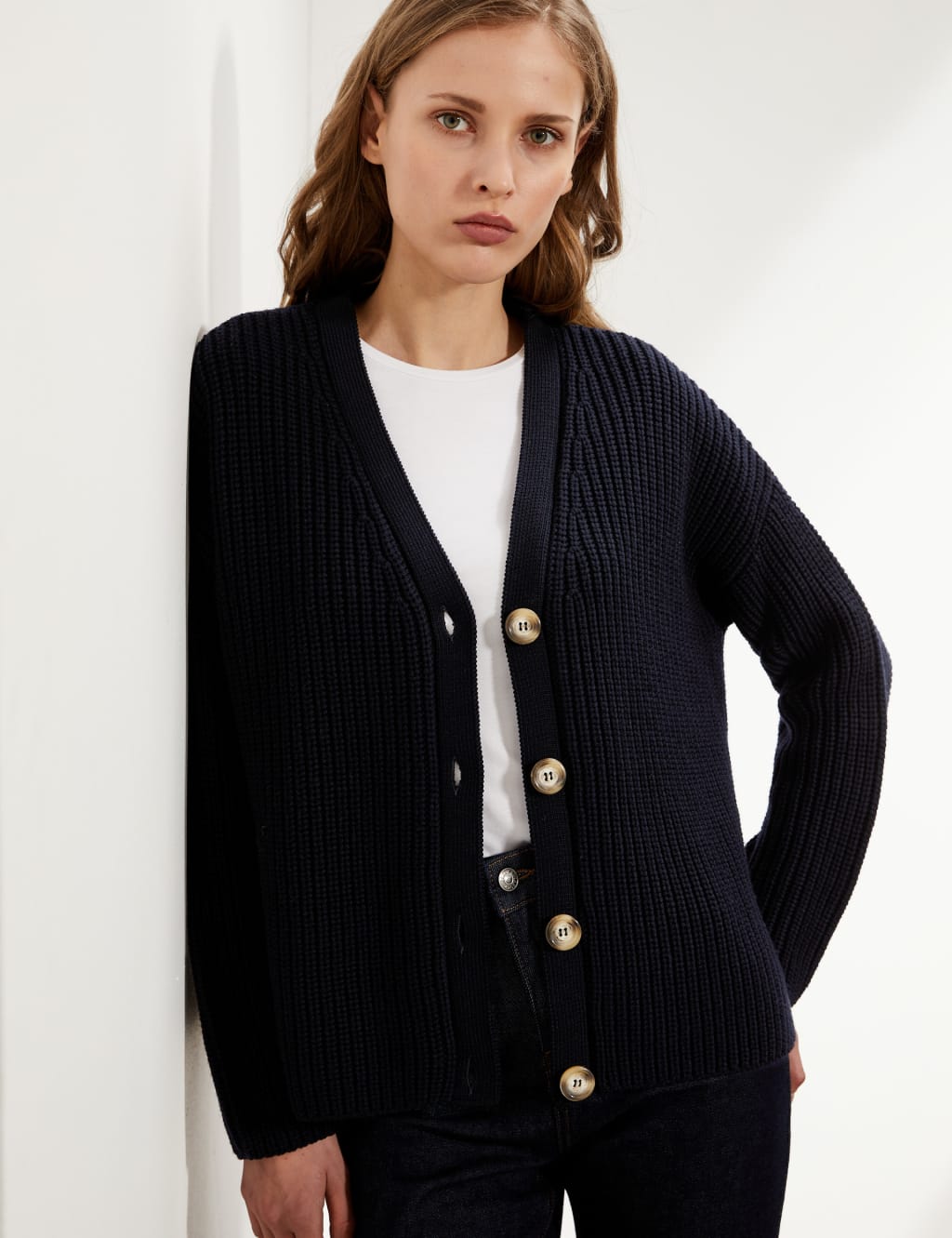 Pure Merino Wool Ribbed V Neck Cardigan JAEGER M S