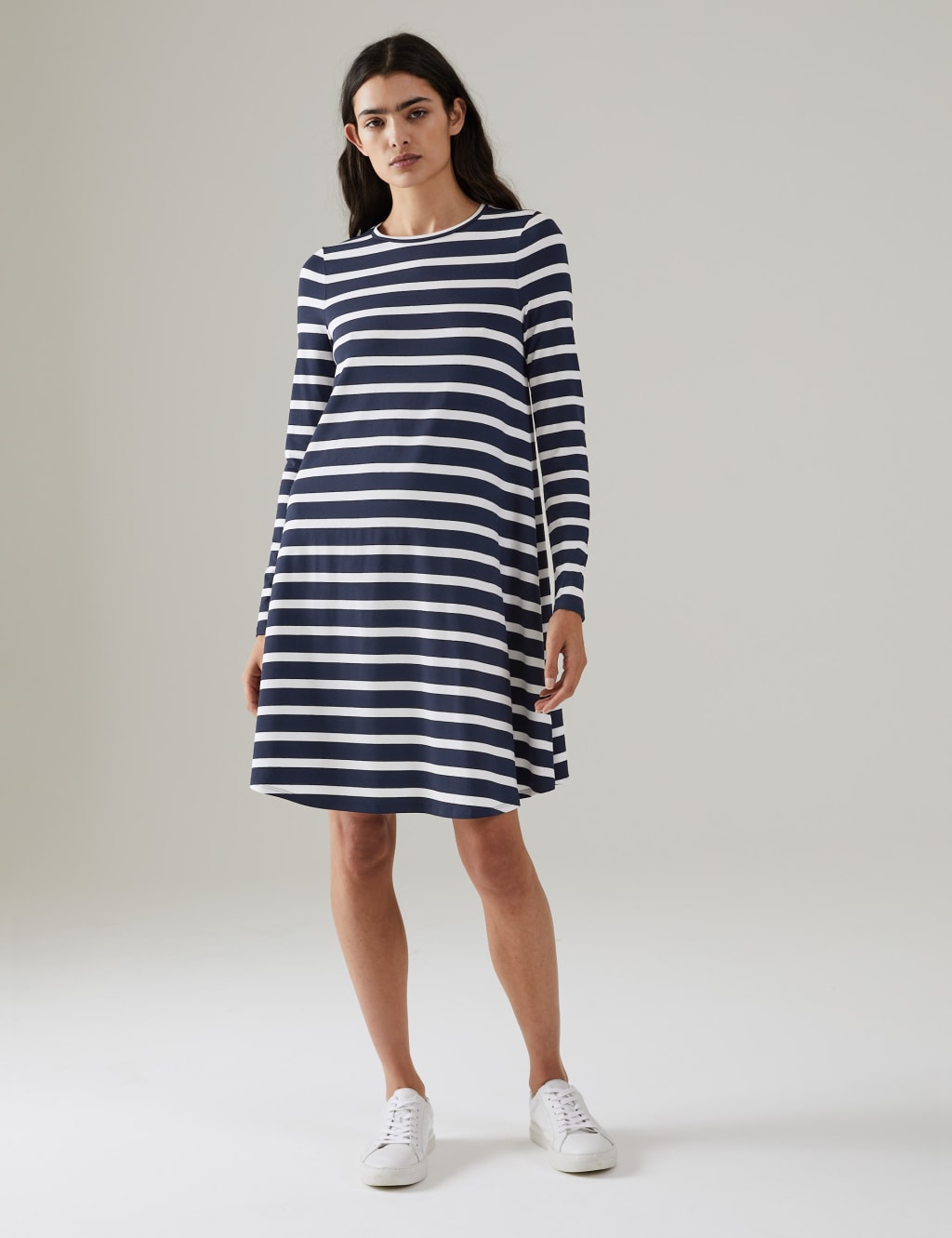 Striped Crew Neck Knee Length Swing Dress JAEGER M S