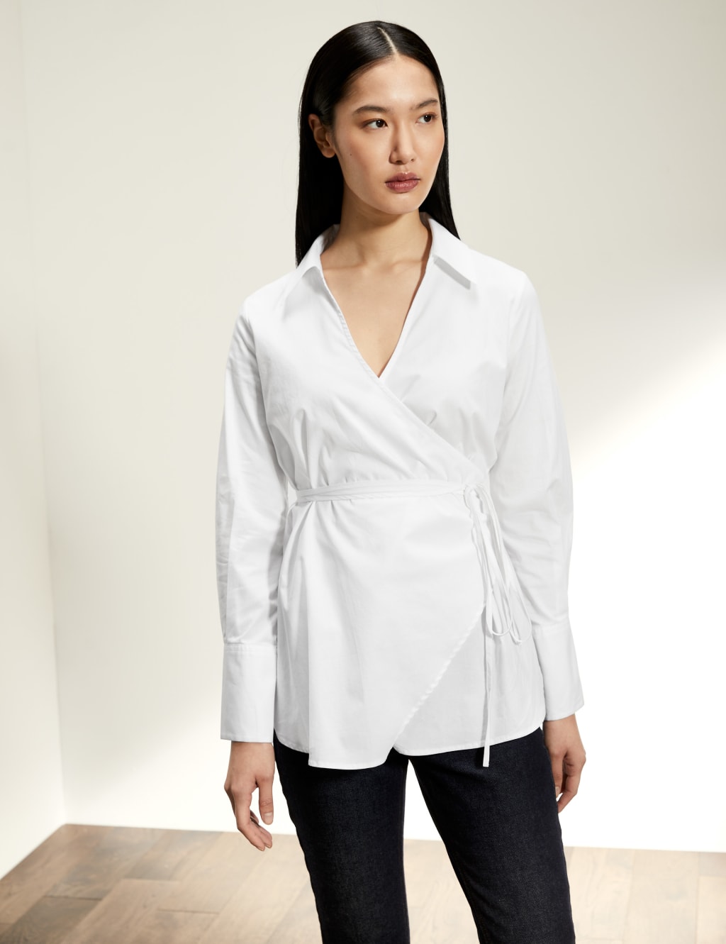 Cotton Rich Collared Long Sleeve Wrap Shirt JAEGER M S