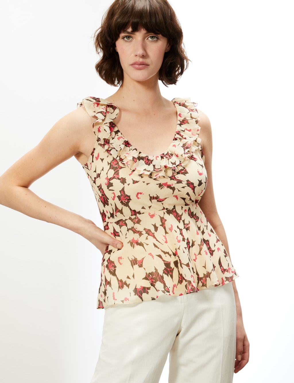 Floral V-Neck Ruffle Sleeveless Blouse 1 of 6