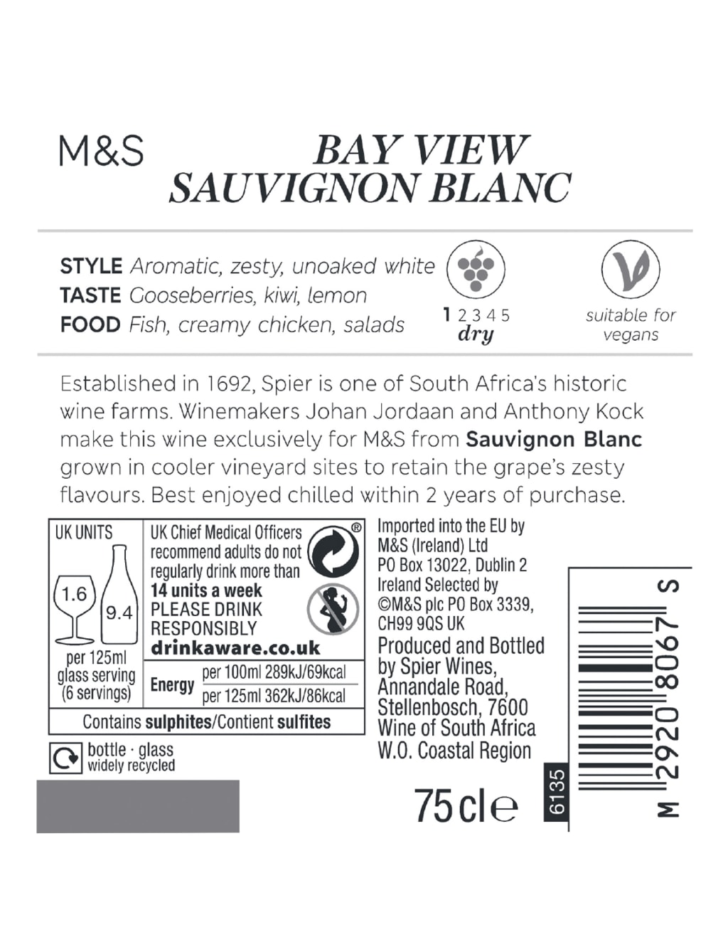 Spier Bay View Sauvignon Blanc - Case of 6 3 of 3