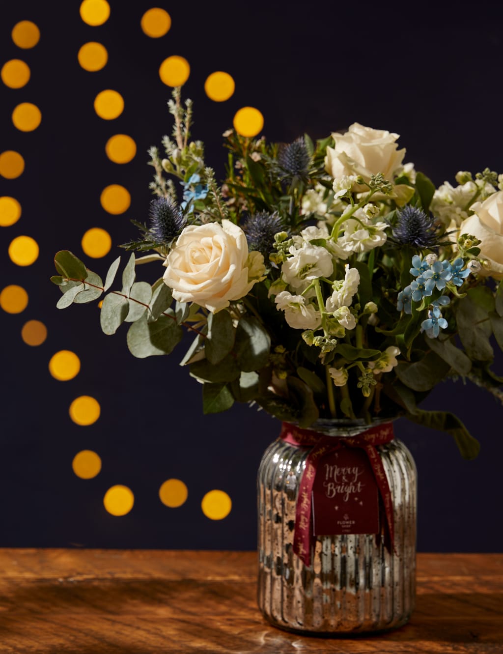 Cream Rose & Blue Eryngium Bouquet in Vase 1 of 5