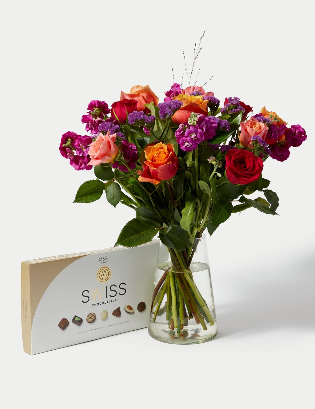 Rose, Statice & Spray Stock Bright Bouquet with Swiss Chocolates 3 of 6