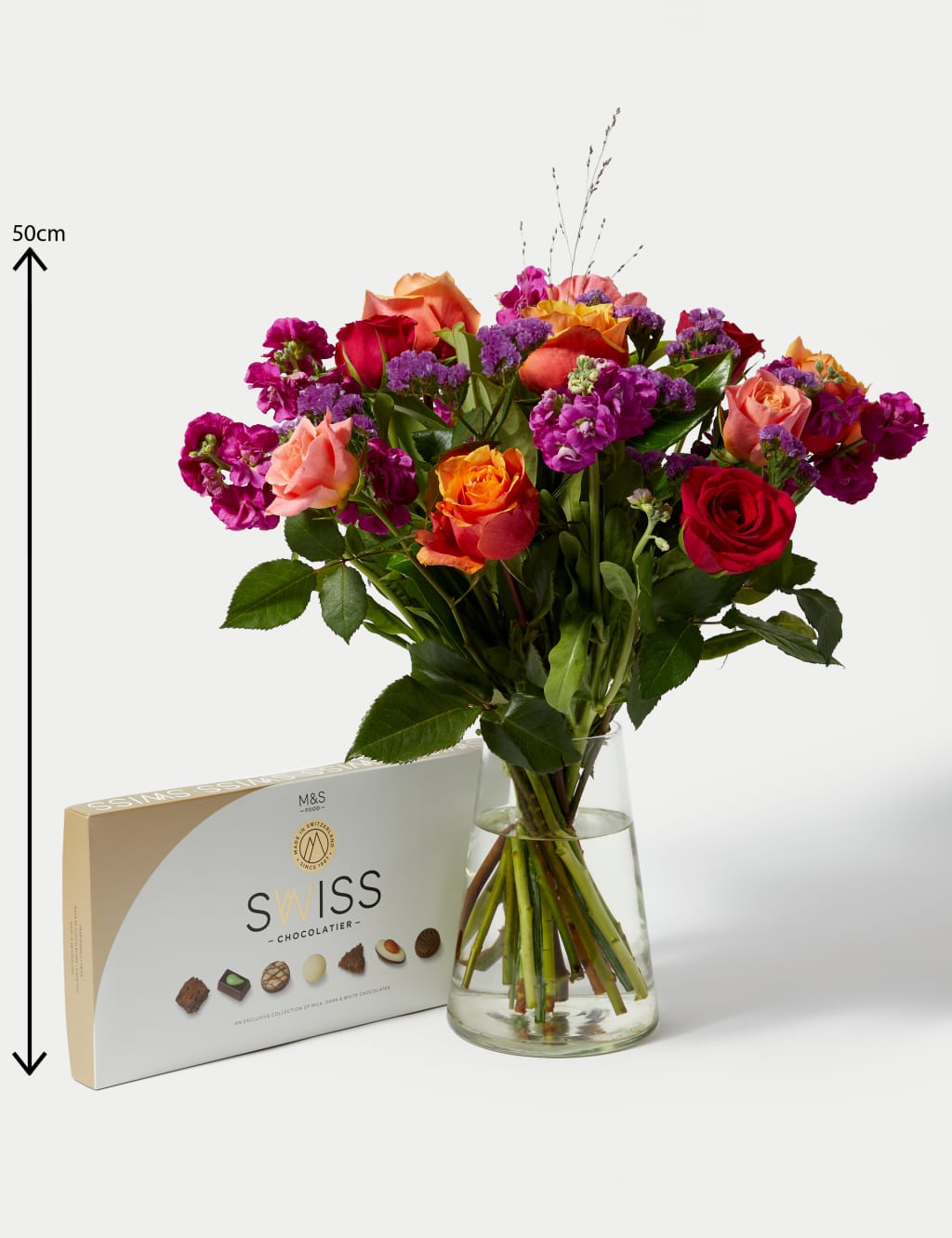 Rose, Statice & Spray Stock Bright Bouquet with Swiss Chocolates 6 of 6