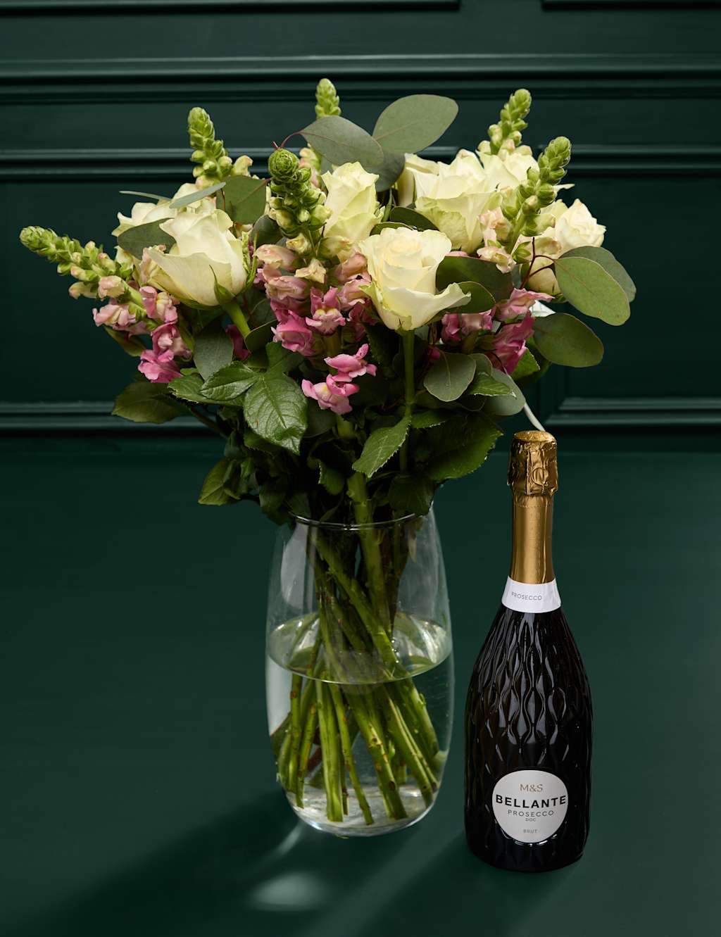 White Rose, Antirrhinum & Eucalyptus Bouquet with Prosecco 1 of 7
