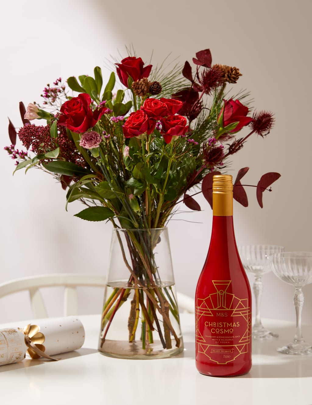 Rose & Eryngium Bouquet with Christmas Cosmo Cocktail 1 of 6