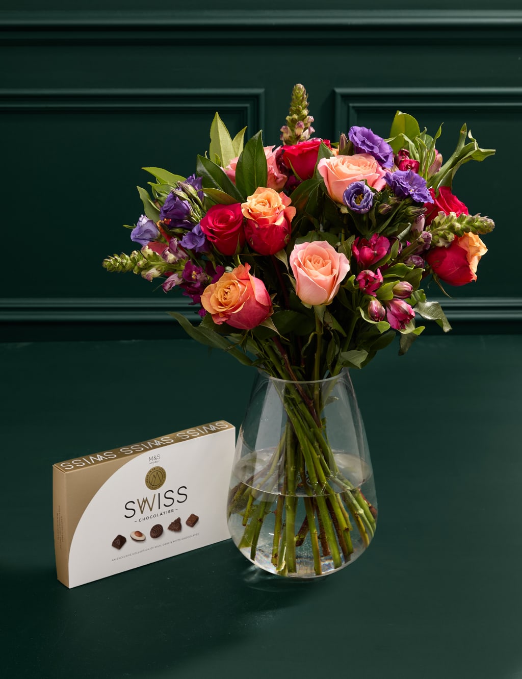 Roses, Lisianthus & Antirrhinum Bright Bouquet with Swiss Chocolates 1 of 6