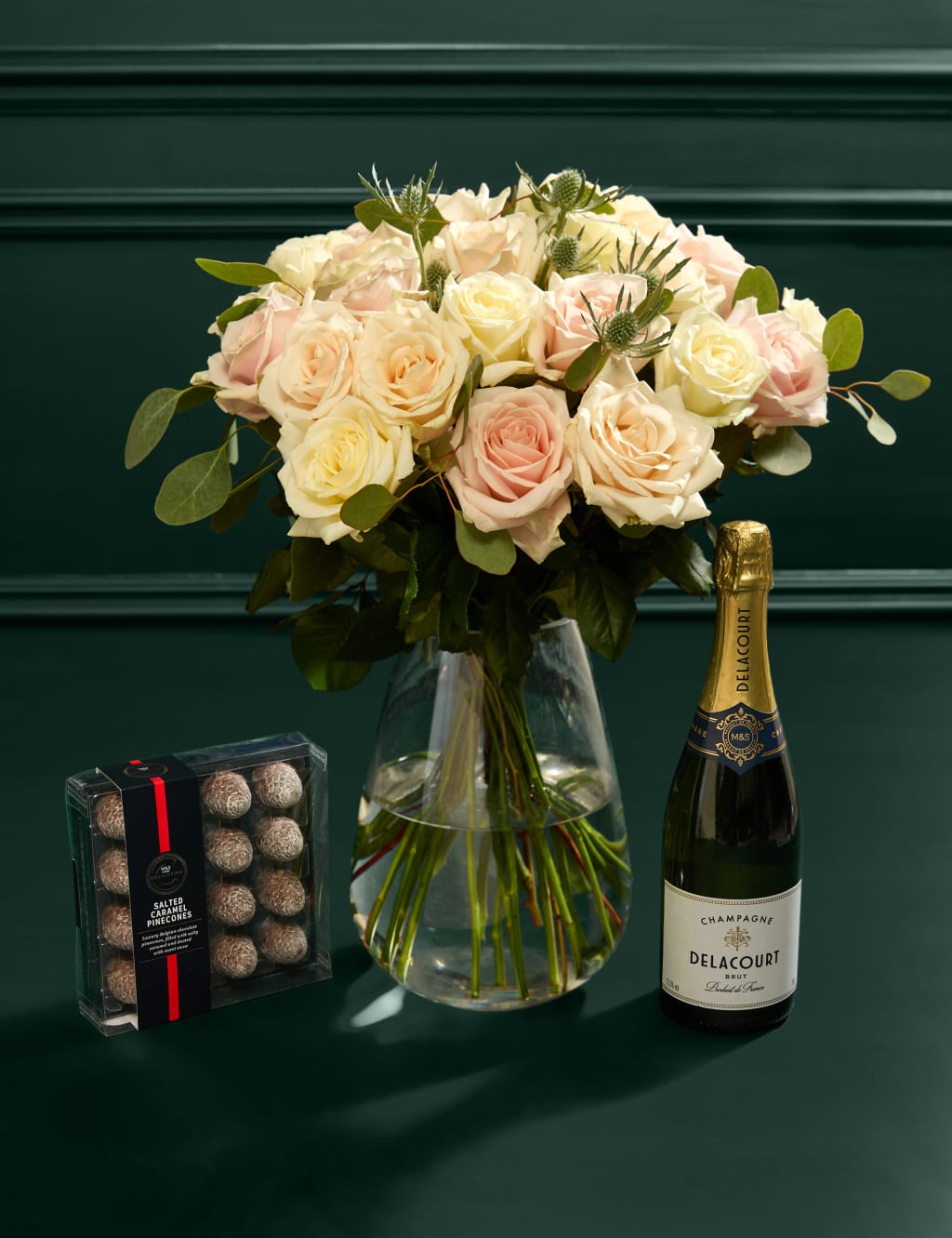 Festive Mixed Rose Christmas Bouquet with Champagne & Caramel Salted Pinecones 1 of 6