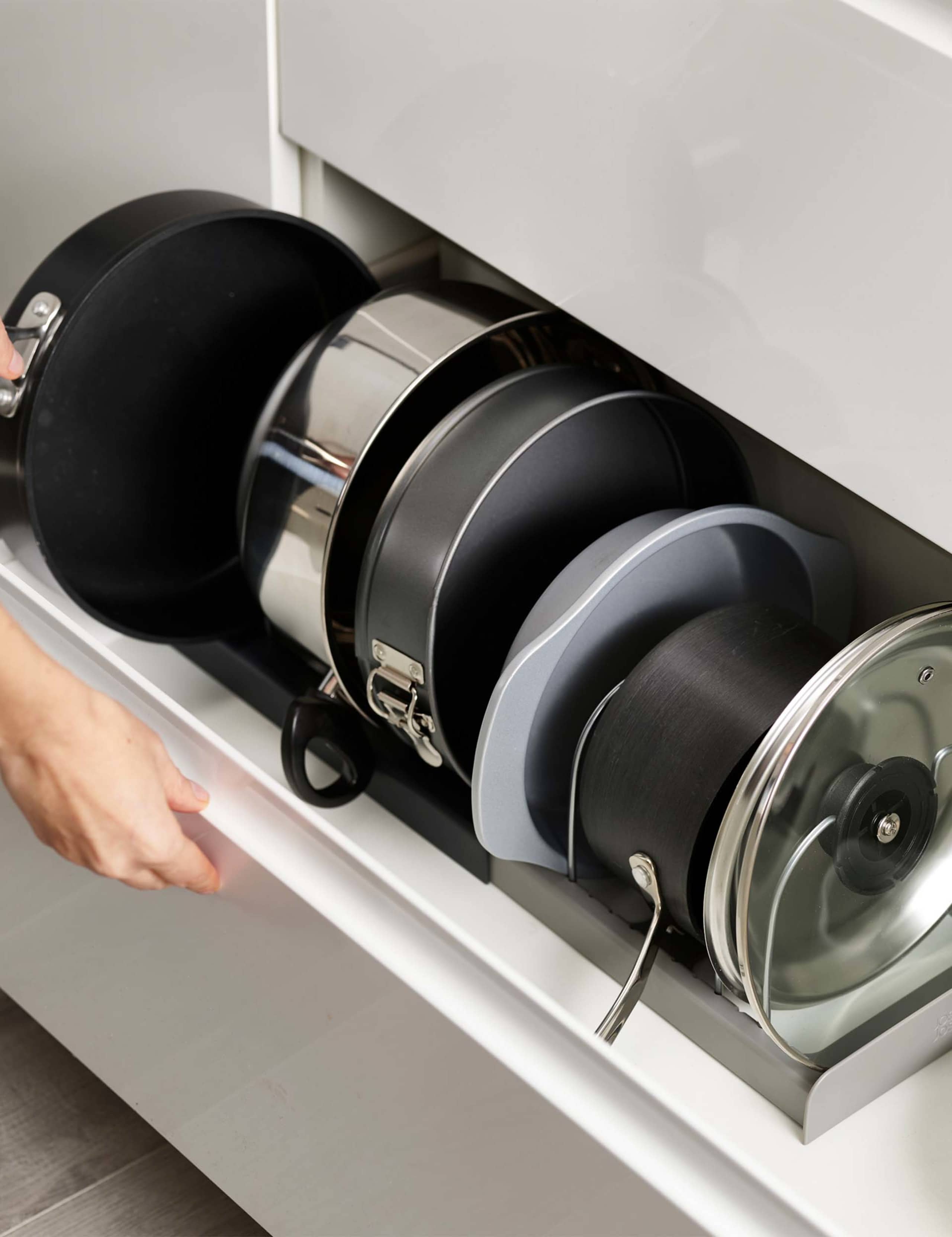 Joseph Joseph DrawerStore Expanding Cookware Organiser in a kitchen drawer