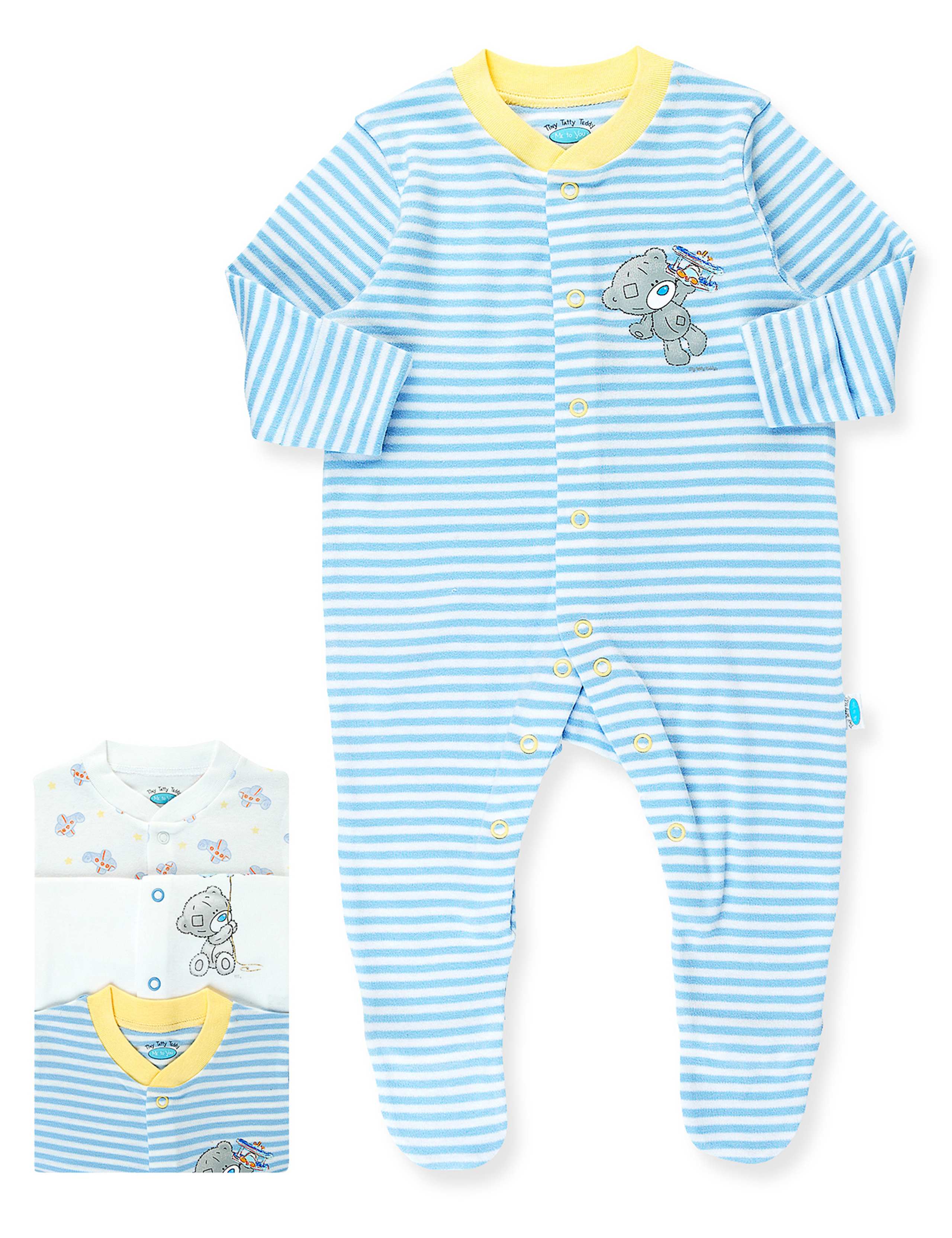 3 Pack Pure Cotton Tatty Teddy Assorted Sleepsuits 1 of 2