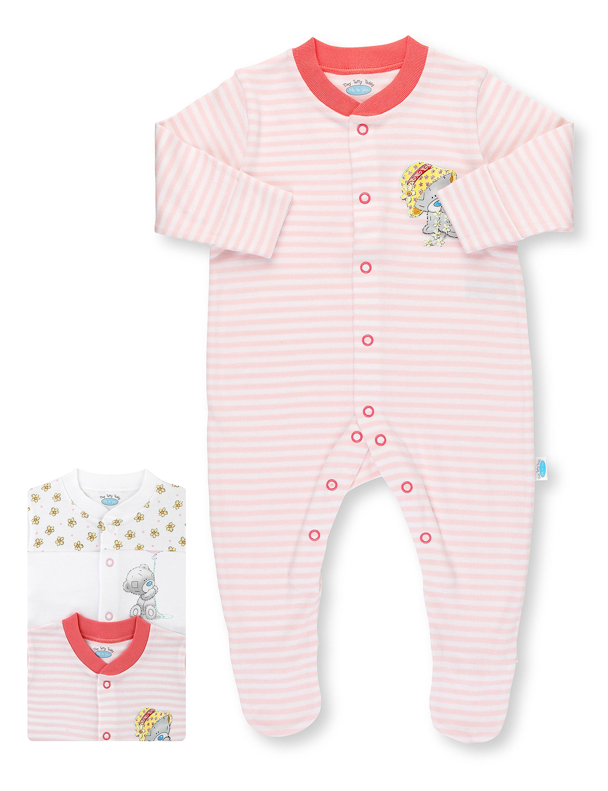 3 Pack Pure Cotton Tatty Teddy Floral Sleepsuits 1 of 2