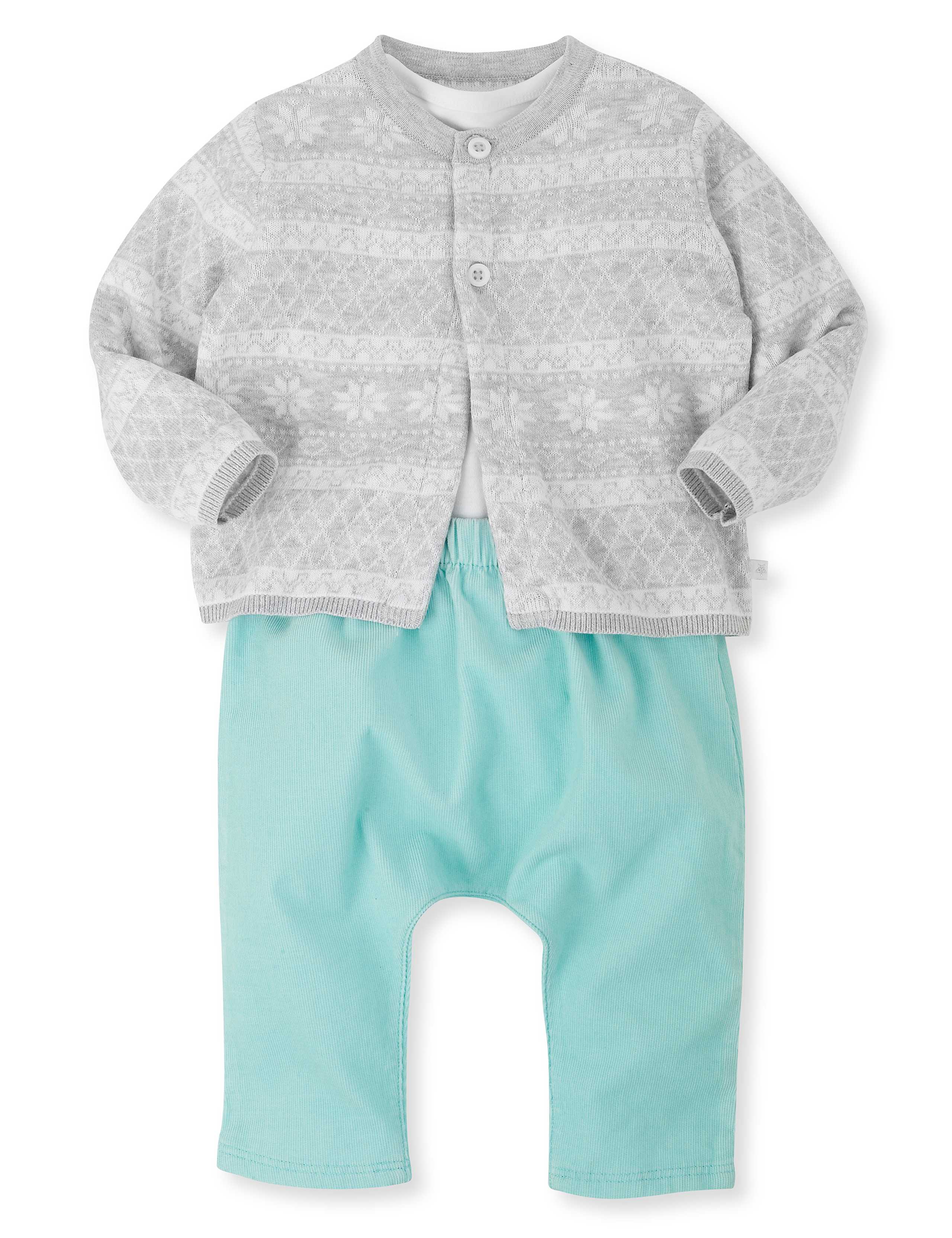 3 Piece Pure Cotton Cardigan, Bodysuit & Corduroy Trousers Outfit 1 of 7
