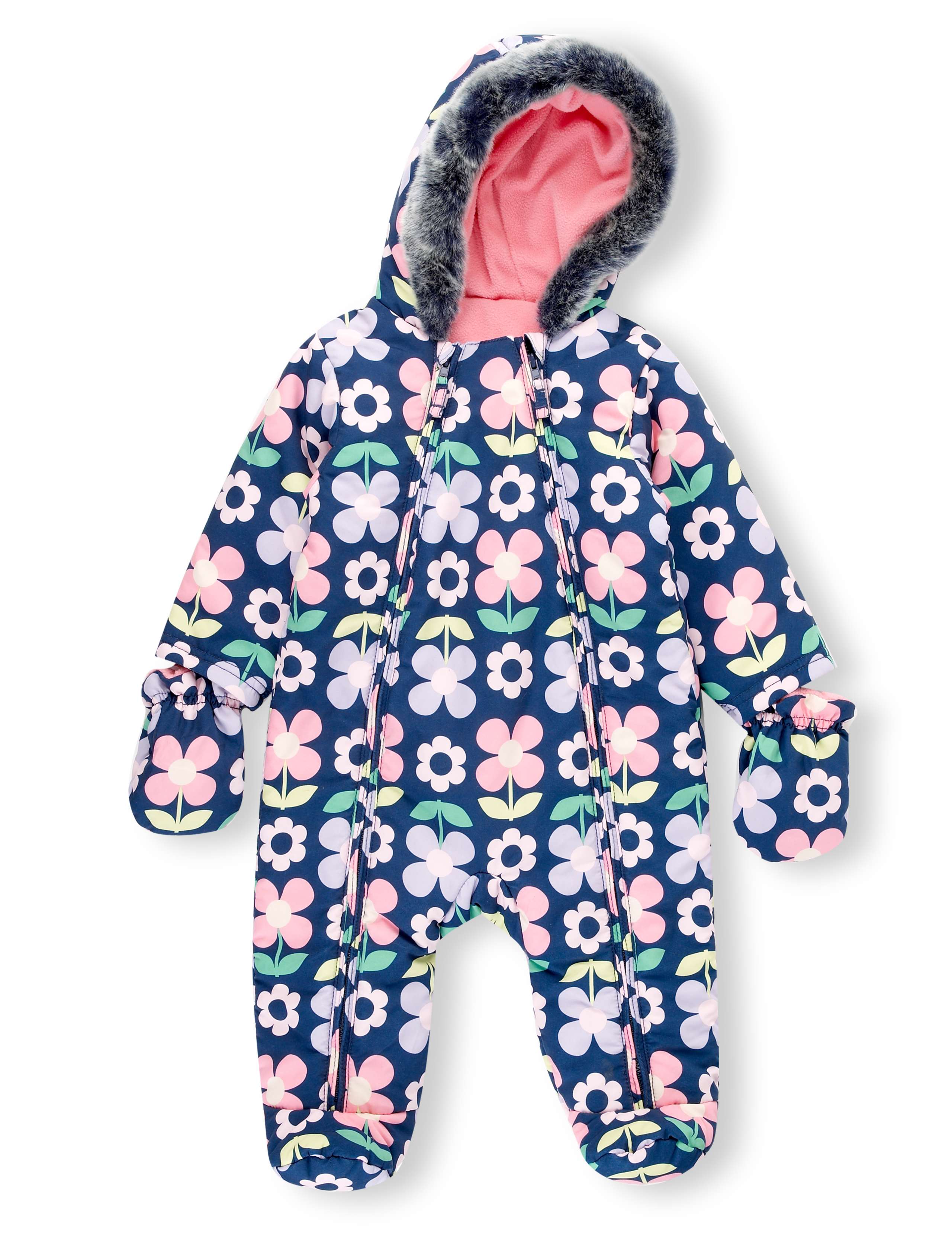 Hooded Faux Fur Trim Floral Snowsuit with Mittens 1 of 3