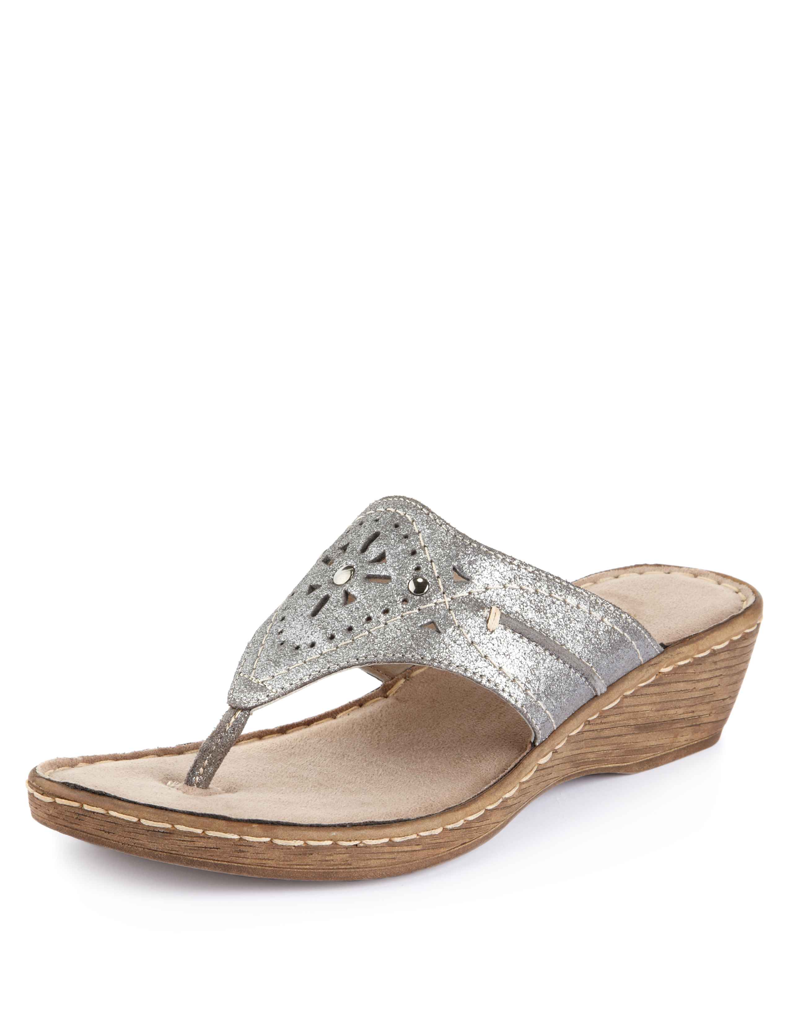 Leather Studded Toe Post Wide Fit Wedge Sandals 1 of 4