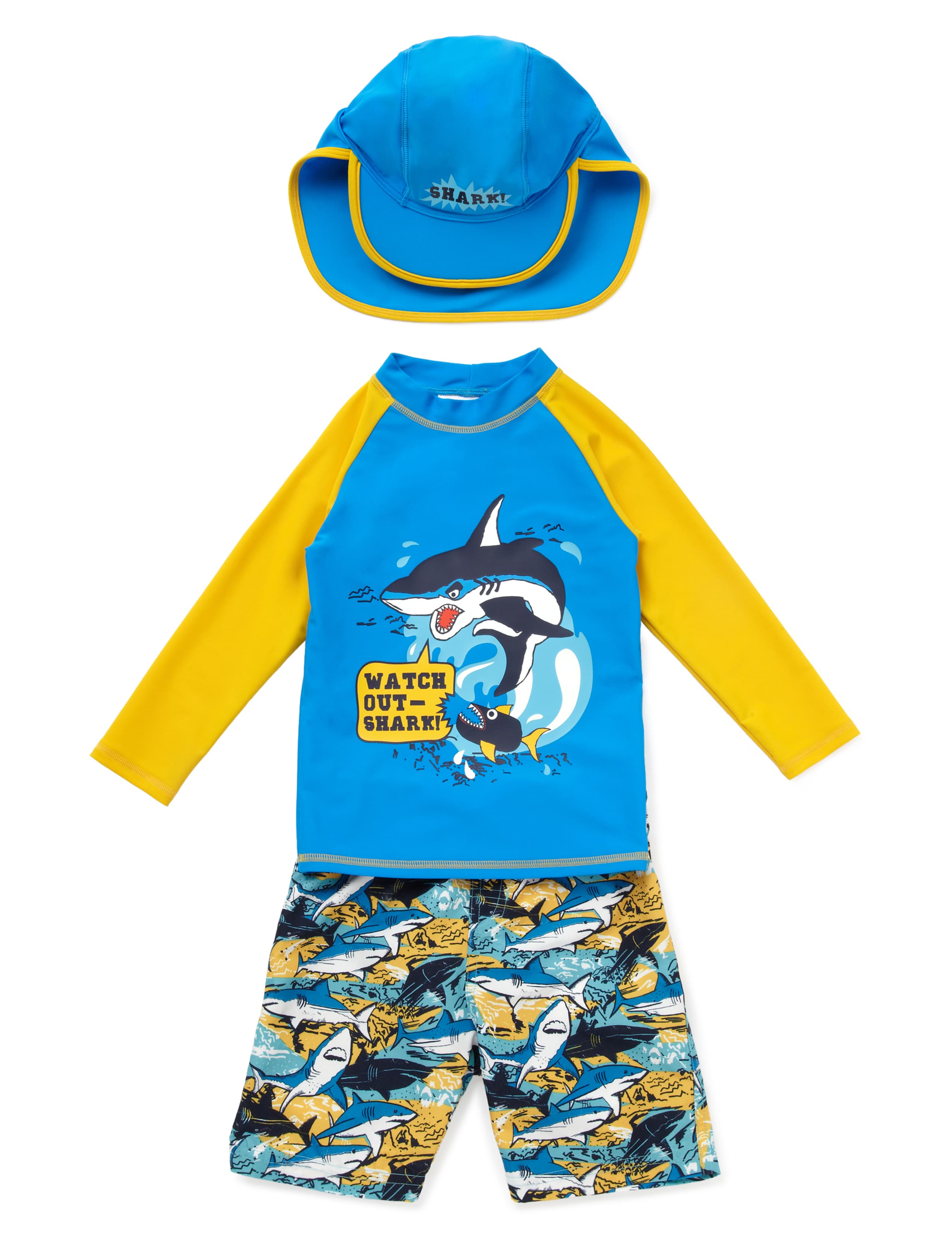 Lycra® Xtra Life™ 3 Piece Shark Print Safe in the Sun Swimsuit with Hat (1-7 Years) 1 of 5