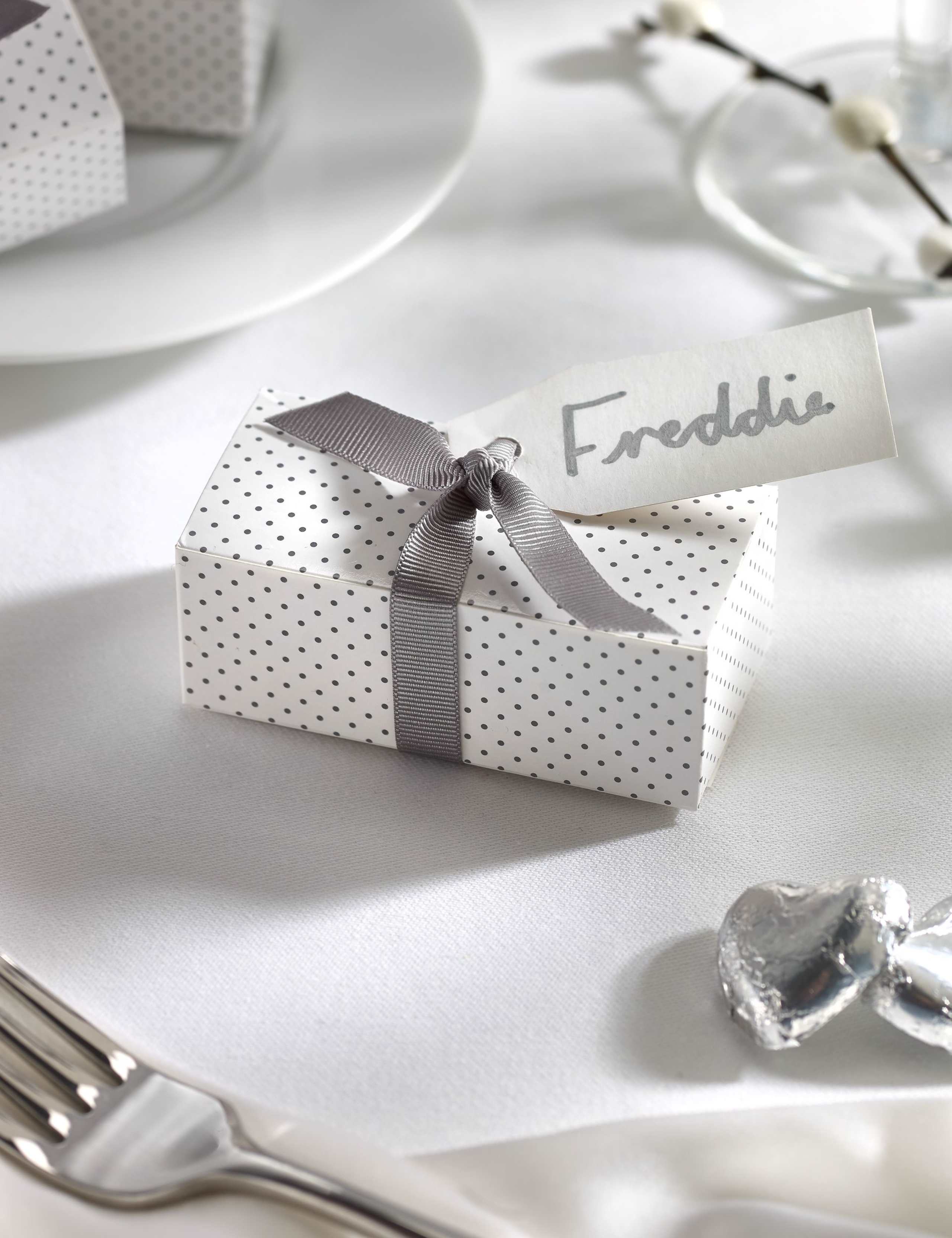 Silver Milk Chocolate Heart Wedding Favours in a Dotty Box with Silver Ribbon - Pack of 25 1 of 6