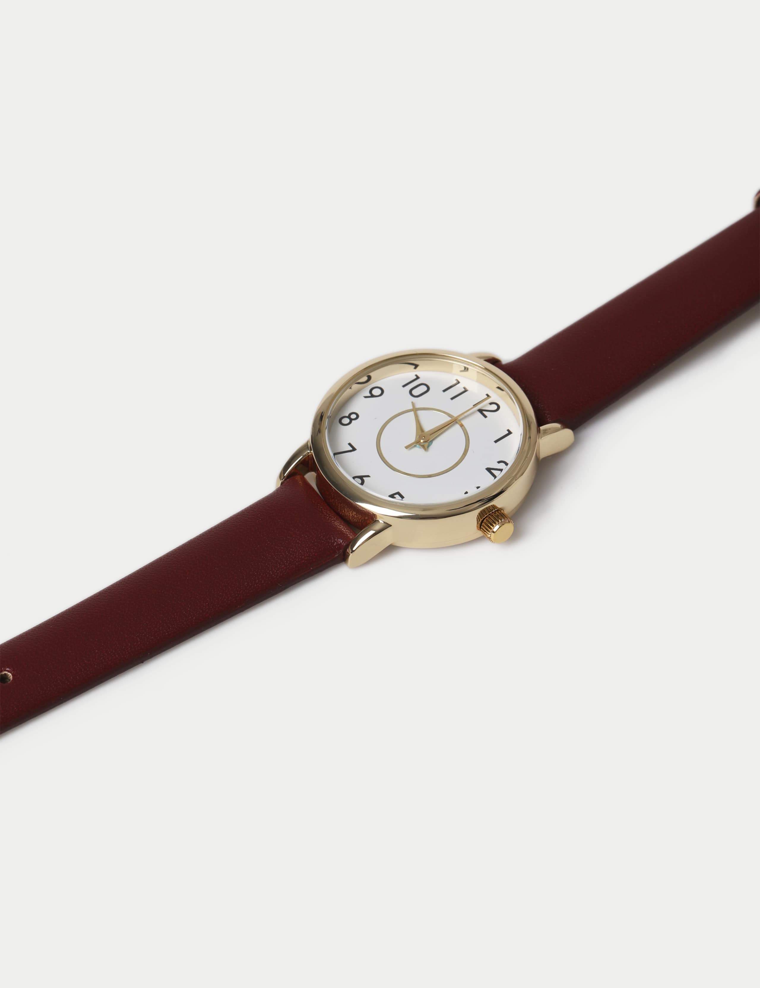 Burgundy Minimalist Faux Leather Strap Watch 2 of 3