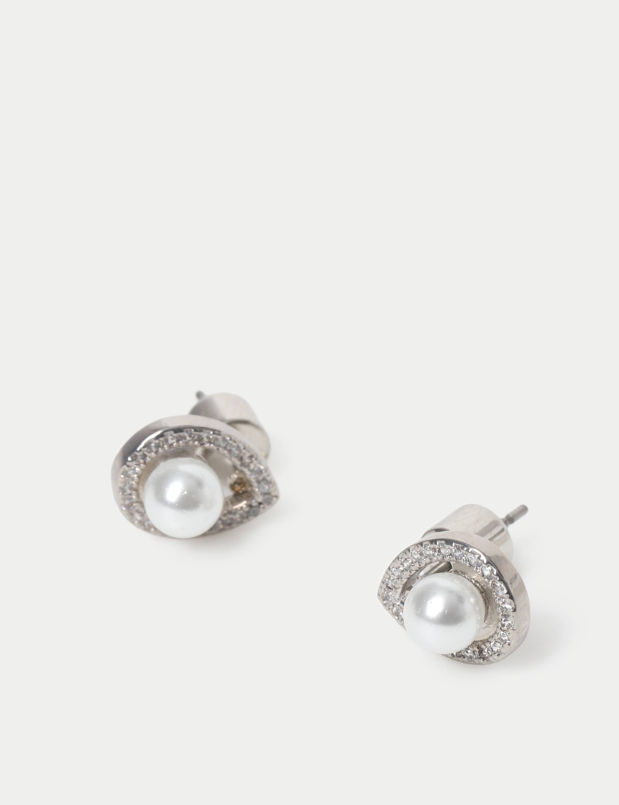 Platinum Plated Cubic Zirconia and Pearl Stud Earrings 2 of 2