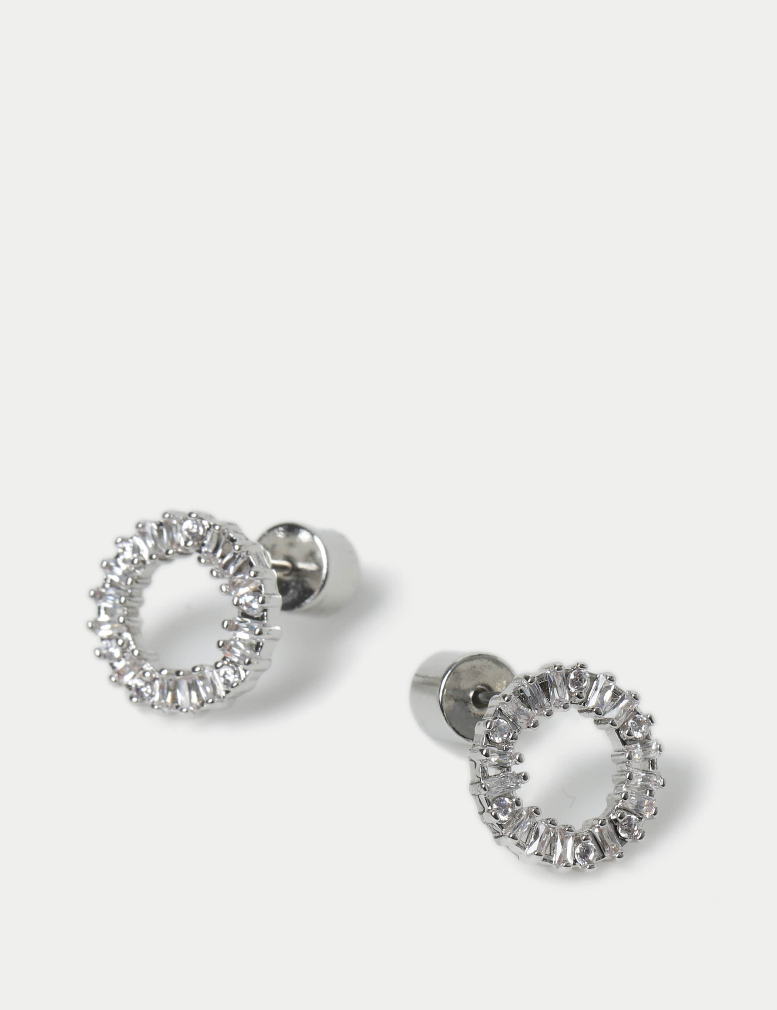 Platinum Plated Cubic Zirconia Baguette Circle Stud Earrings 3 of 3