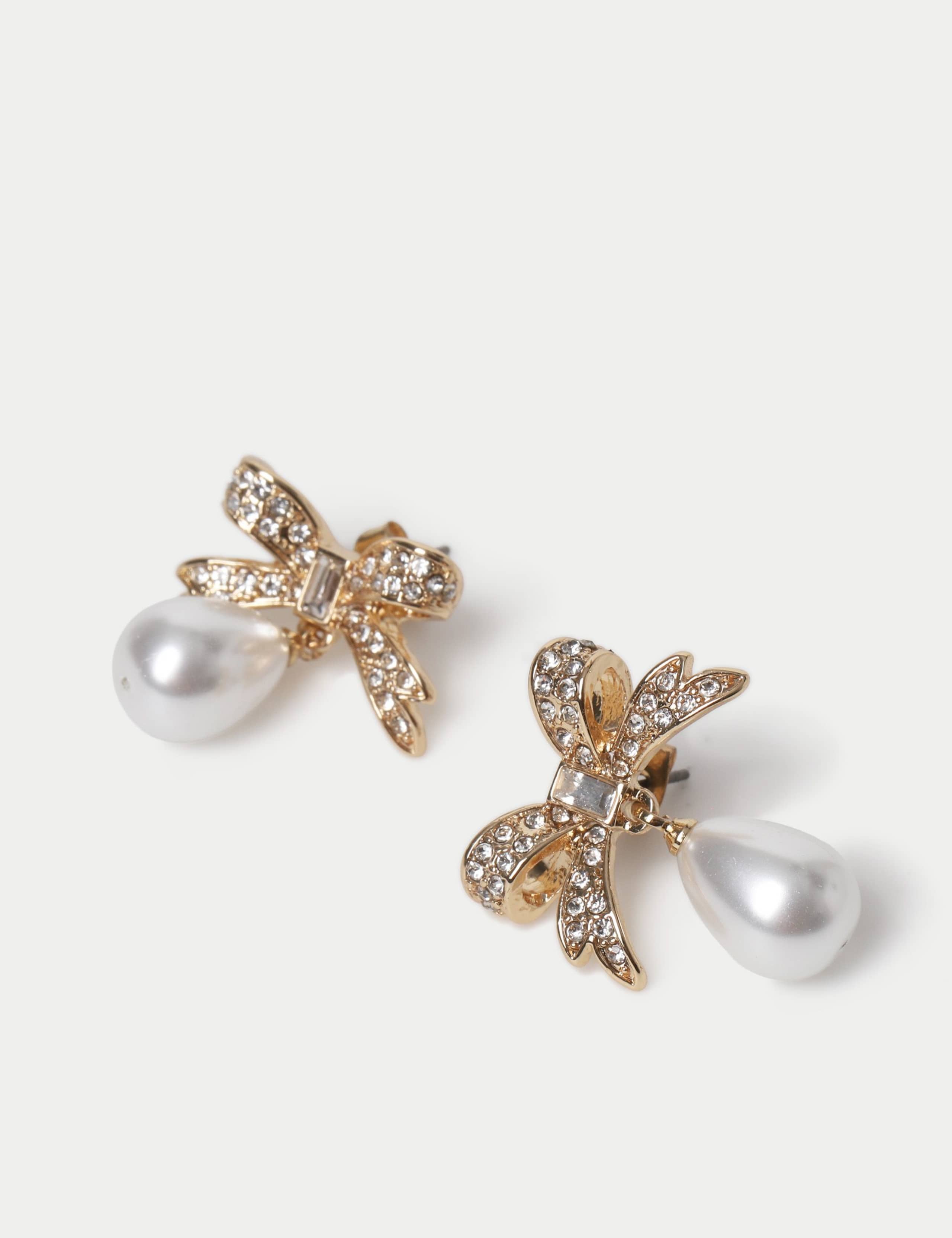 Rhinestone Bow and Pearl Drop Christmas Earrings 2 of 2