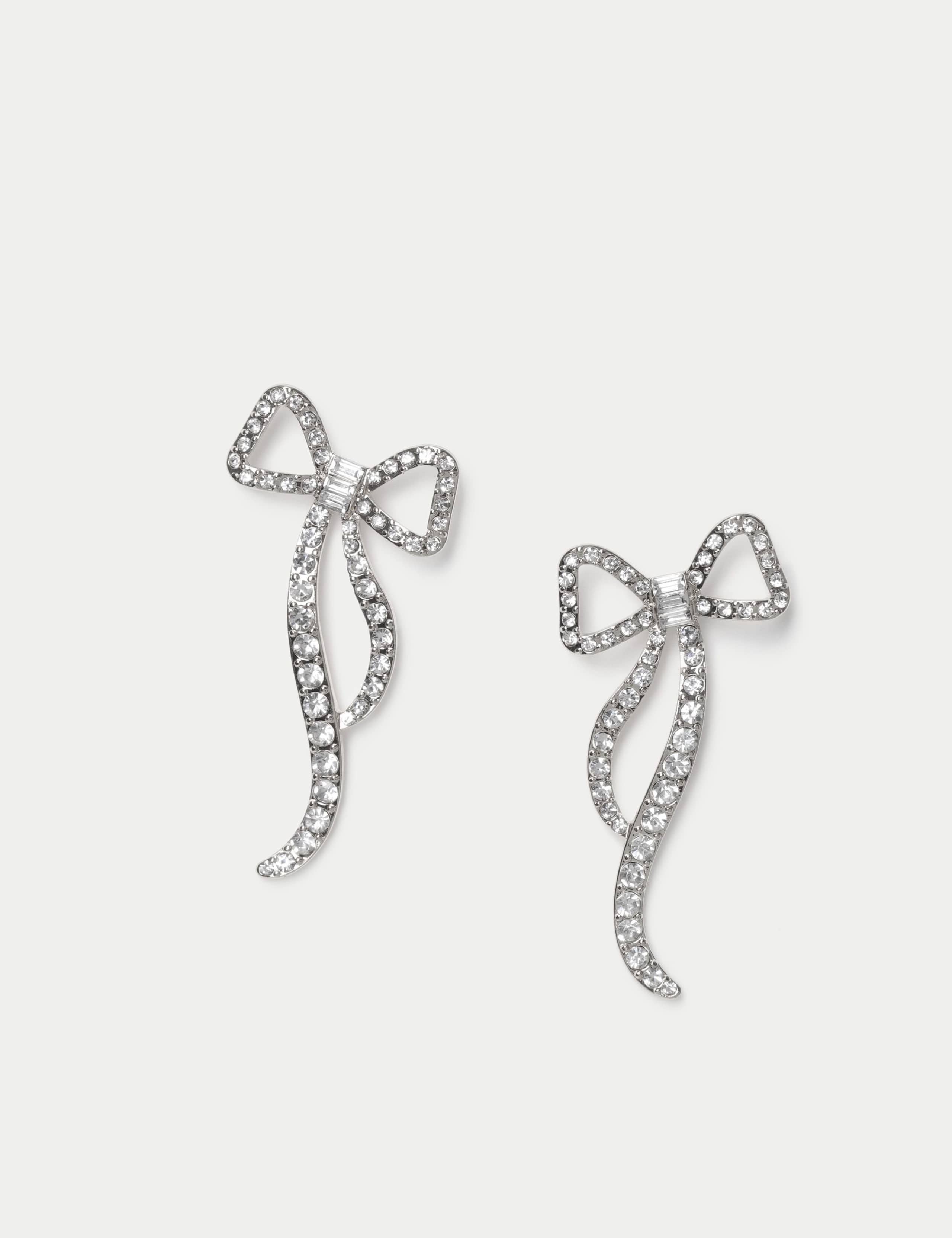 Silver Tone Bow Rhinestone Stud Earring 1 of 2