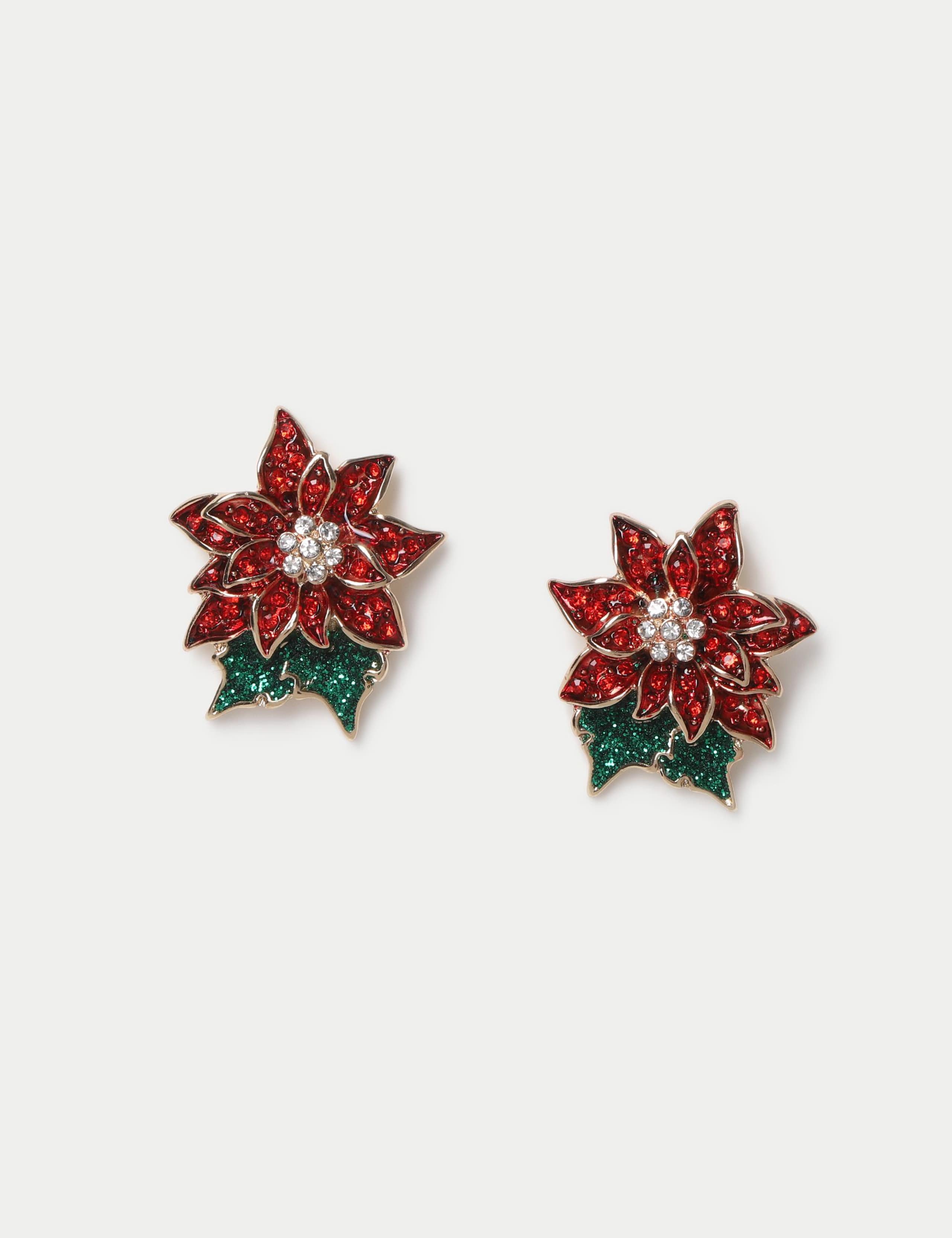 Rhinestone Poinsettia Flower Christmas Earrings 1 of 2