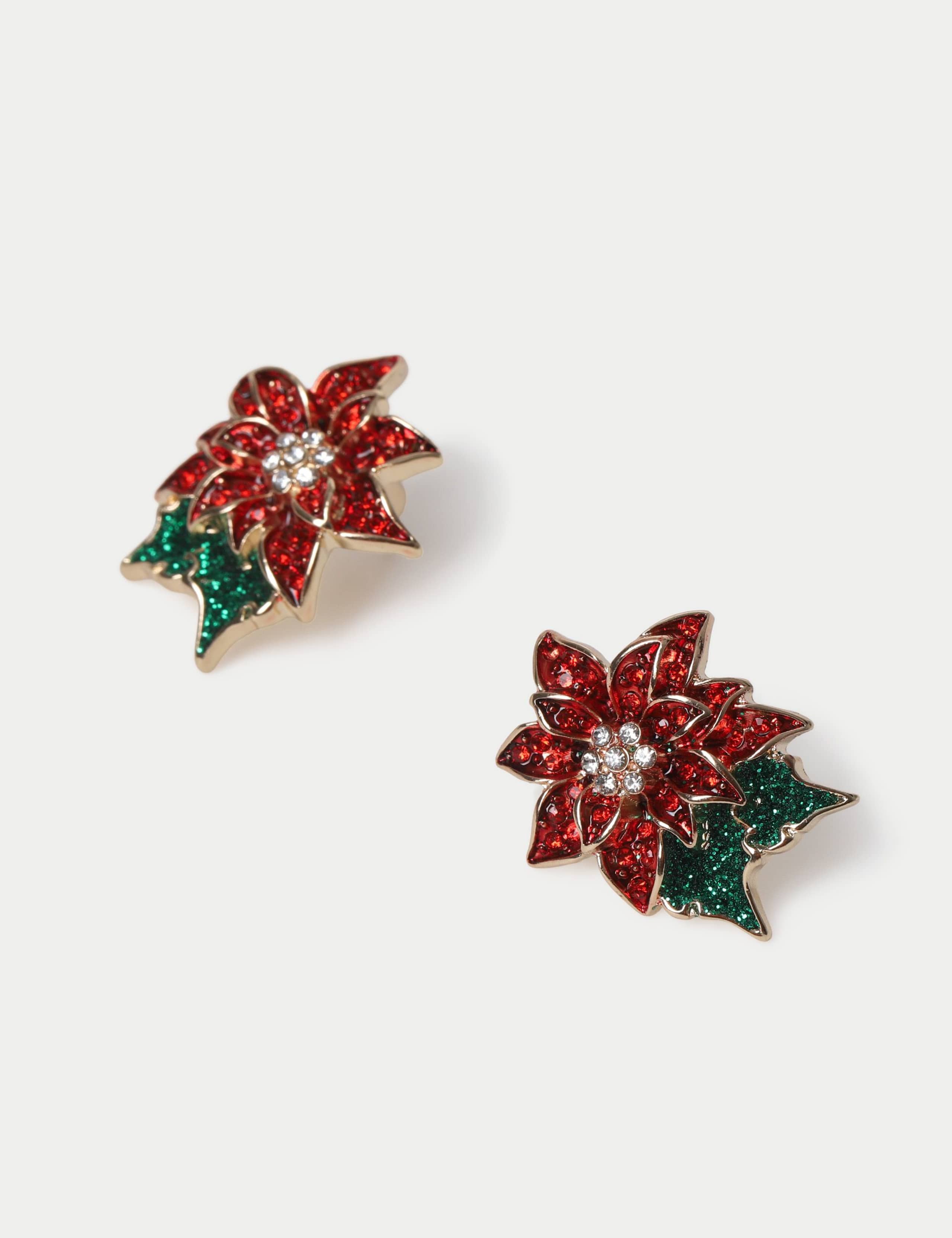 Rhinestone Poinsettia Flower Christmas Earrings 2 of 2